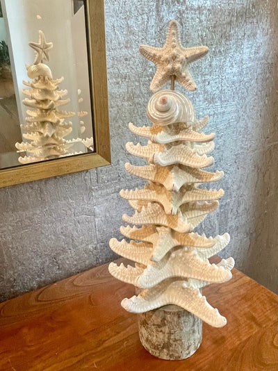 Flair Gifts The Ollie Starfish Tree- handmade reclaimed wood starfish tree with eight starfish and silver and white turbo shell. perfect year round coastal decorating